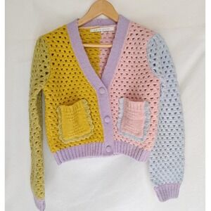 English Factory Cardigan Colorblock Crochet Sweater XS Pastel Pink Purple Yellow